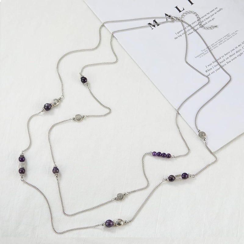 BULINLIN Layered Silver Long Necklace for Women Turquoise Stone Beaded Strand Sweater Chain Necklaces Fashion Costume Jewelry Gifts for Mom - Image 3